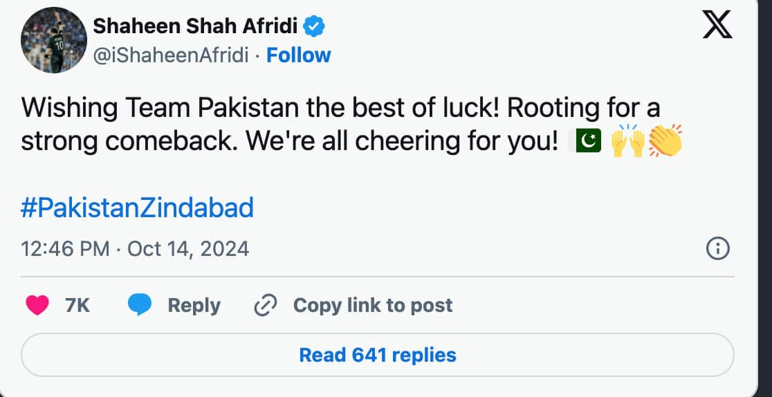 Shaheen Afridi's tweet (Source:@iShaheenAfridi/x.com)